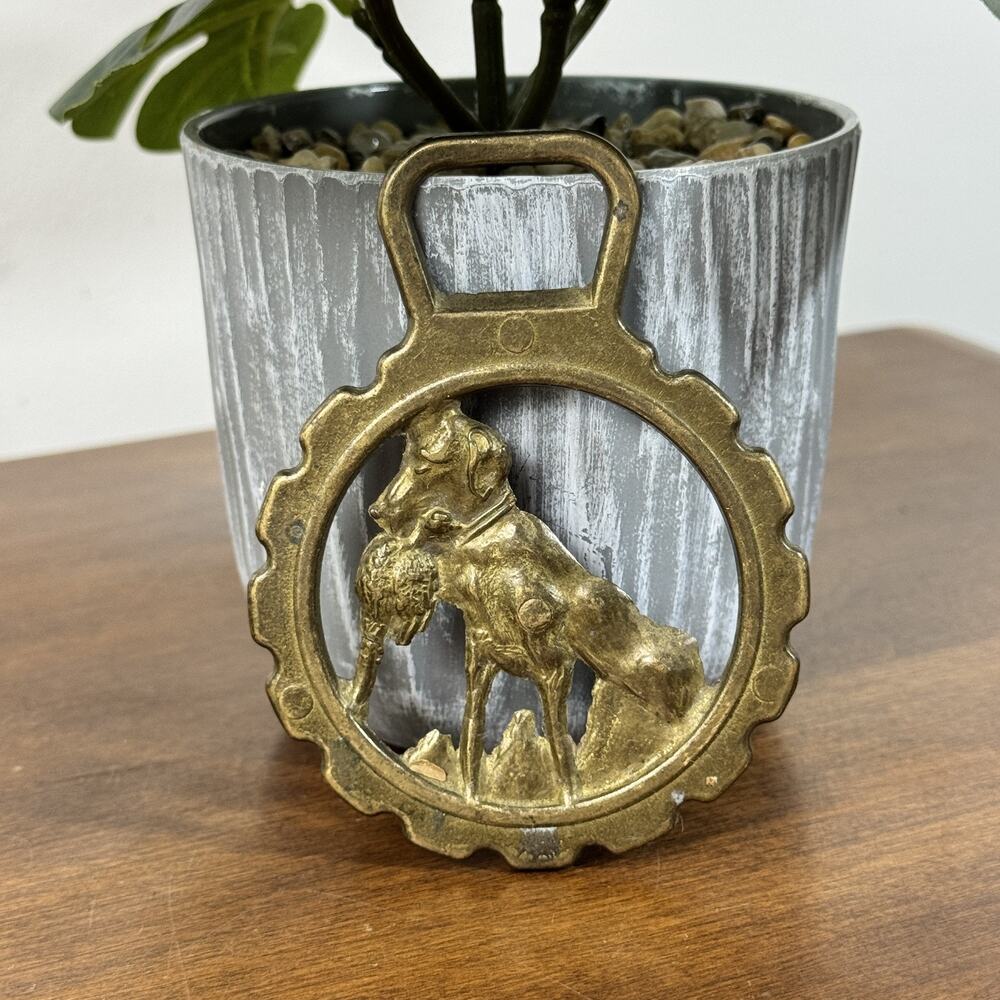 Vintage Brass Horse Harness Medallion Hunting Dog Retriever Game Bird Motif